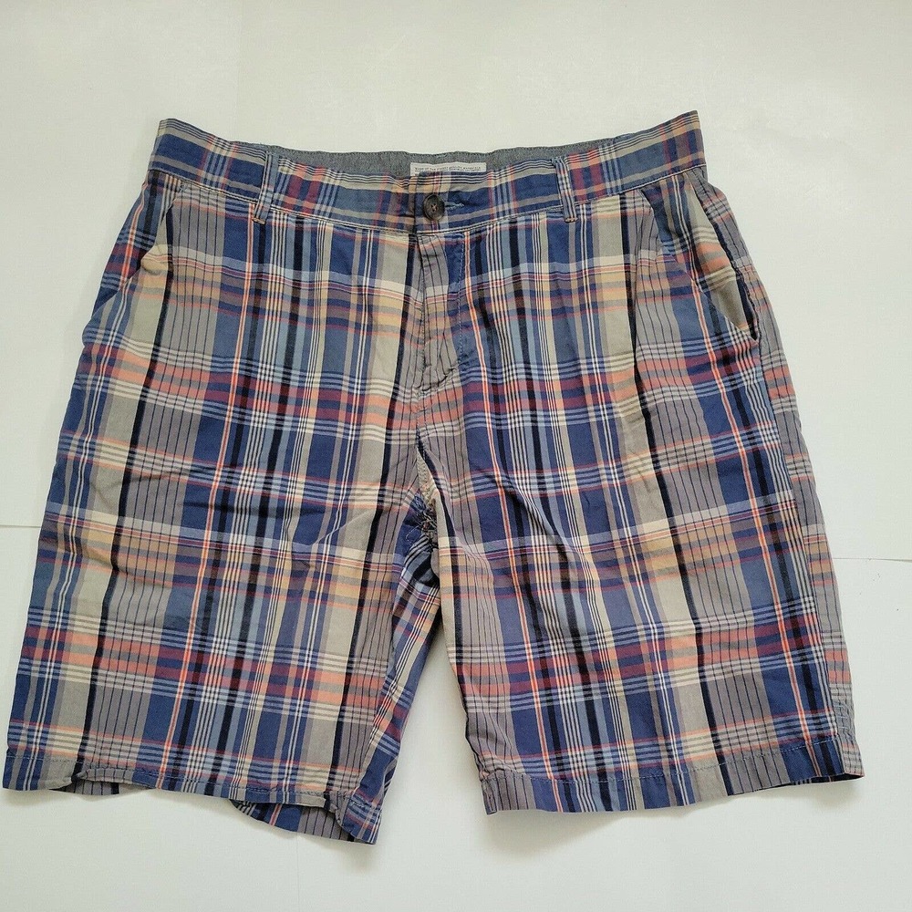 WRK Work Material Co size 36 Blue Tan Red Plaid Cotton Flat Front Short